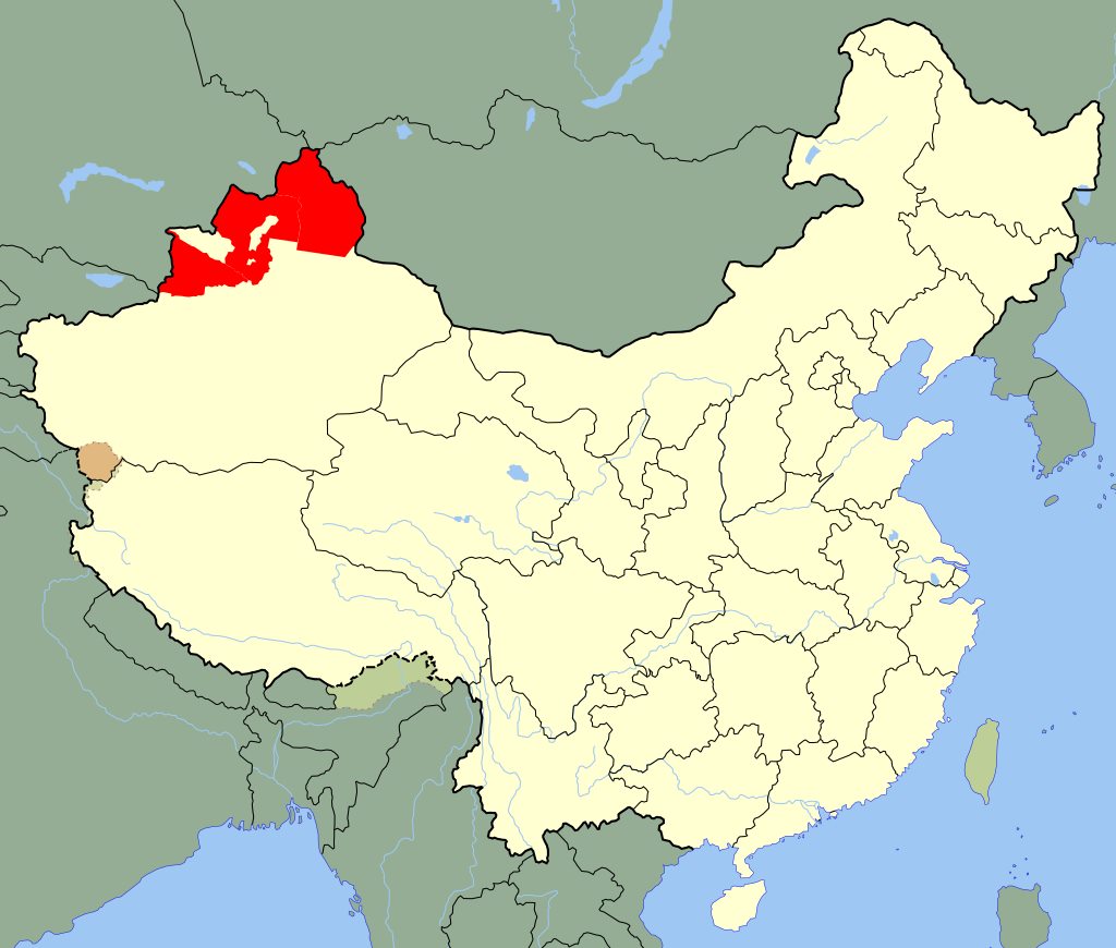 خريطة تبين الأراضي التي حكمتها جمهورية تركستان الشرقية بين العامي 1944- 1949م.