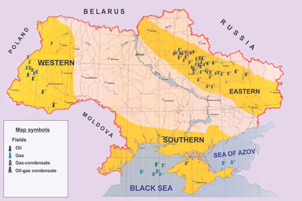 خارطة حقول احتياطيات النفط والغاز الأوكرانية، باللون الأصفر